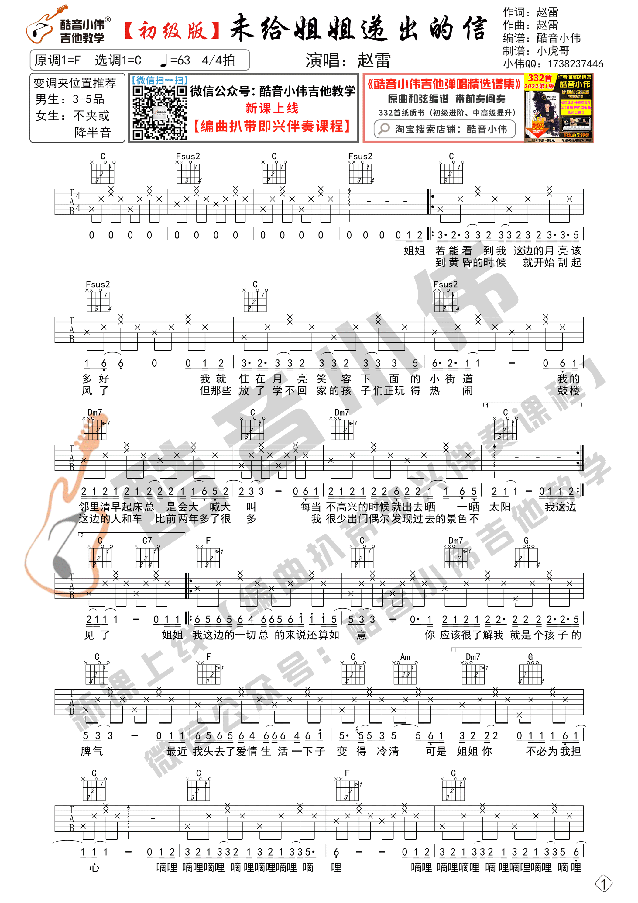 未给姐姐递出的信吉他谱,原版赵雷歌曲,简单C调弹唱教学,酷音小伟吉他教学版六线指弹简谱图