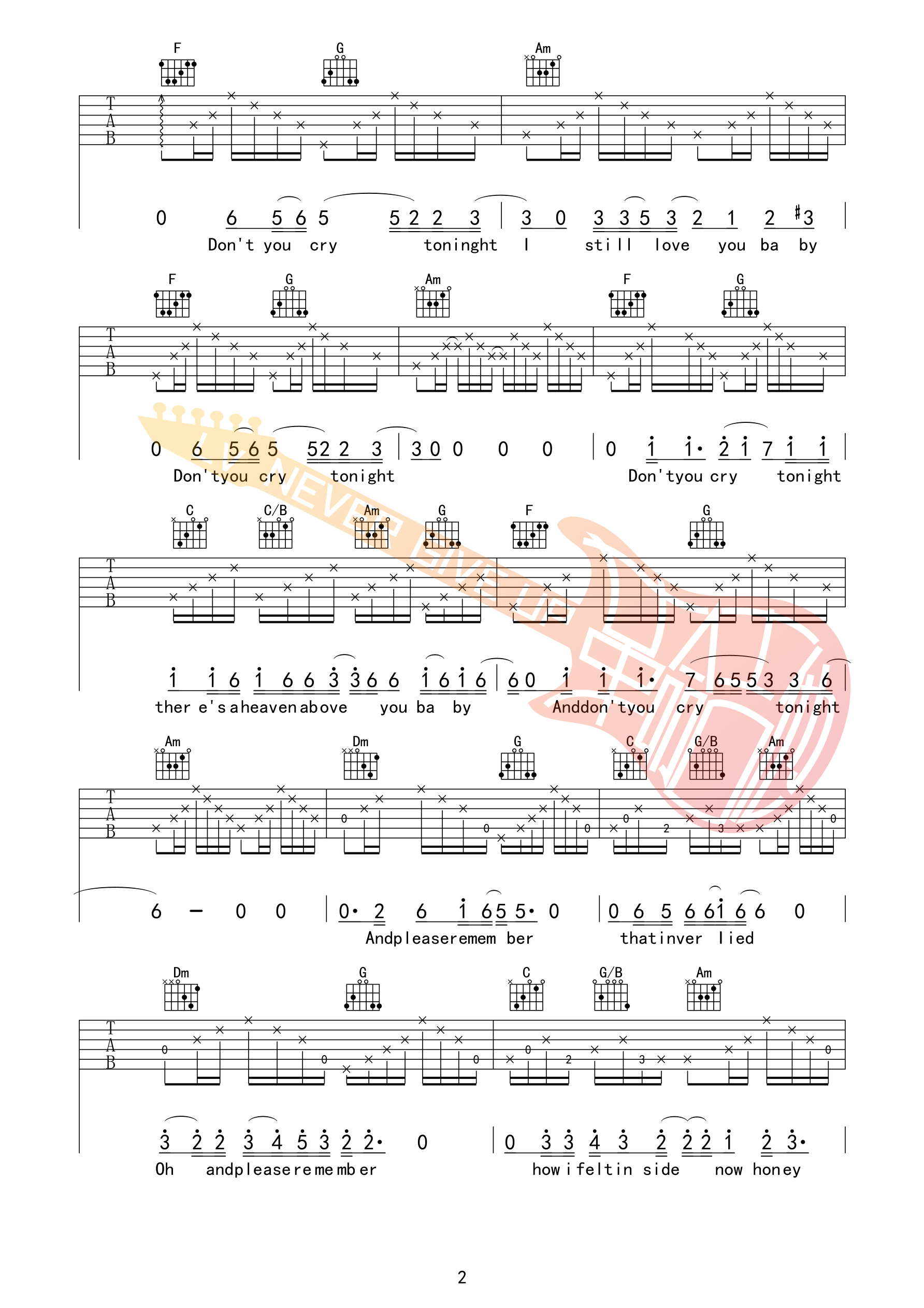 Don'tCry吉他谱,原版枪炮与玫瑰歌曲,简单_枪花弹唱教学,革命吉他版六线指弹简谱图