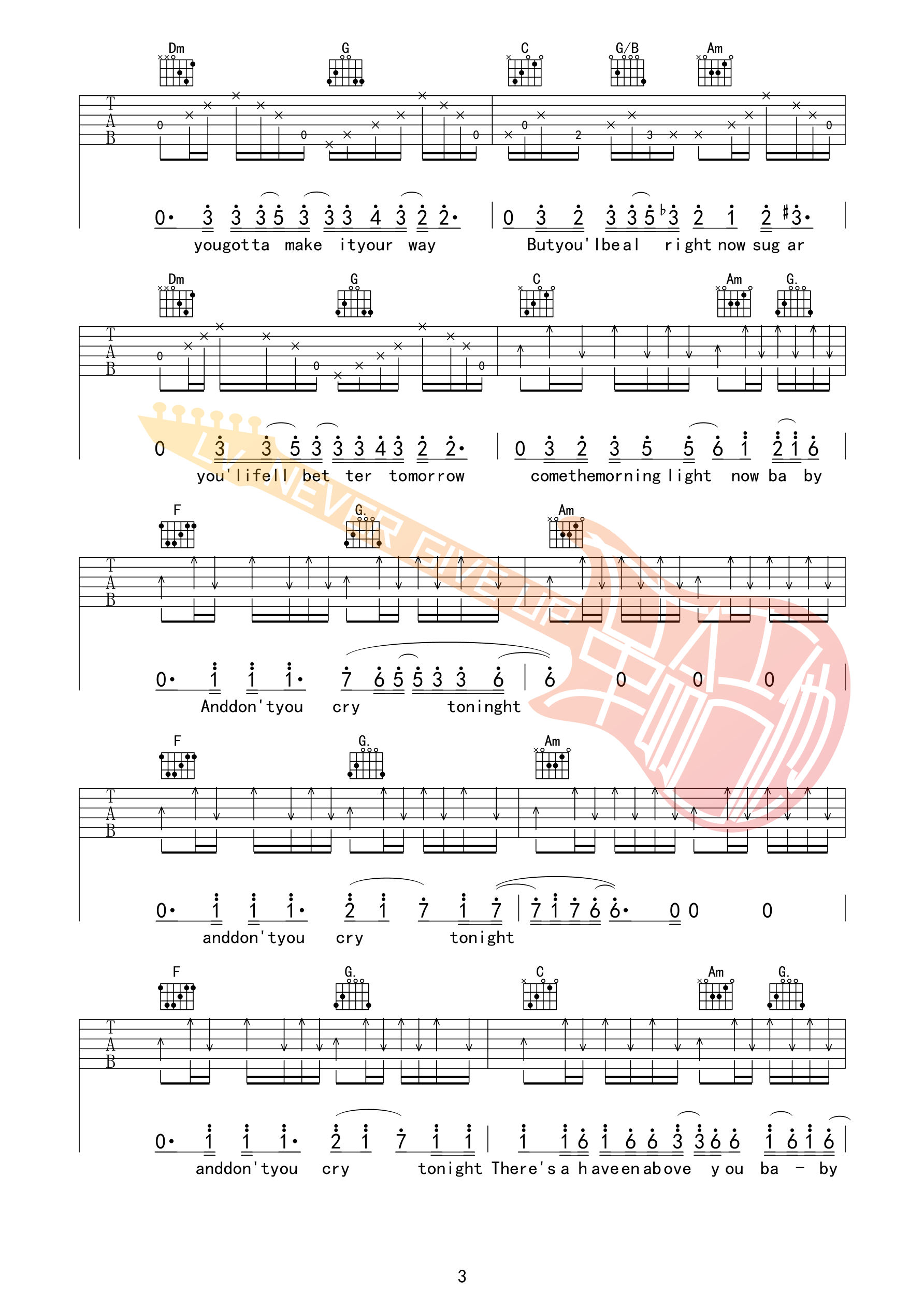 Don'tCry吉他谱,原版枪炮与玫瑰歌曲,简单_枪花弹唱教学,革命吉他版六线指弹简谱图