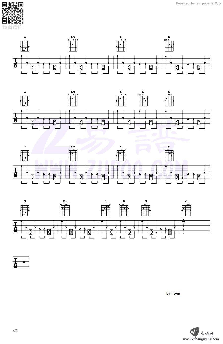 我乐意吉他谱,原版许嵩歌曲,简单G调弹唱教学,易唱网版六线指弹简谱图