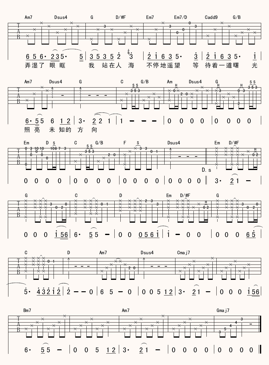 窗外吉他谱,原版戴佩妮歌曲,简单G调弹唱教学,彼岸吉他版六线指弹简谱图