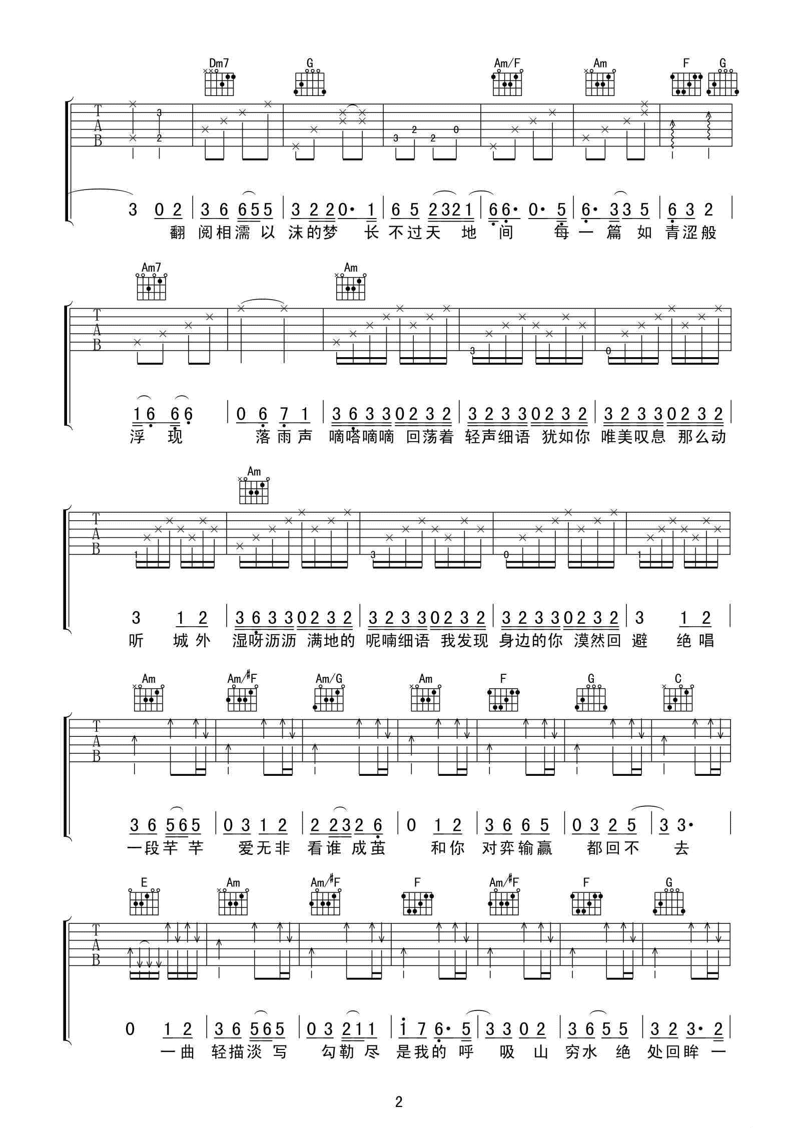 芊芊吉他谱,原版回音哥歌曲,简单E调弹唱教学,喀什怒放版六线指弹简谱图