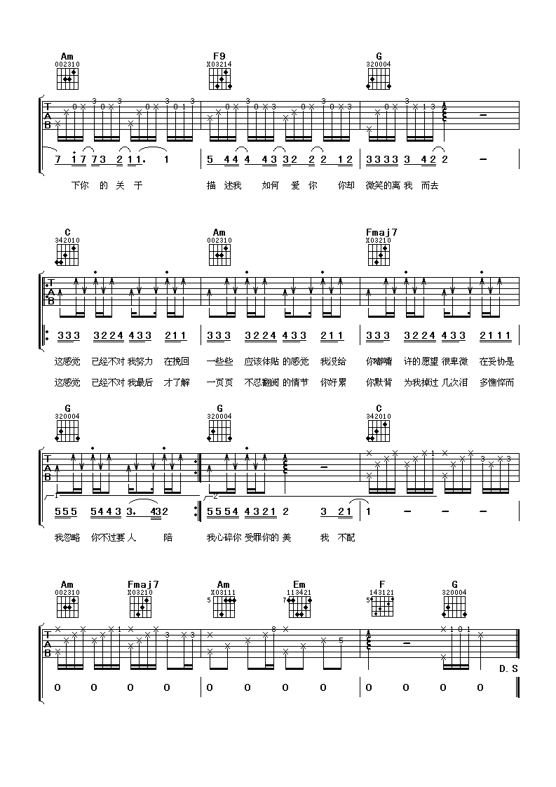 我不配吉他谱,原版周杰伦歌曲,简单C调弹唱教学,阿潘音乐工场版六线指弹简谱图