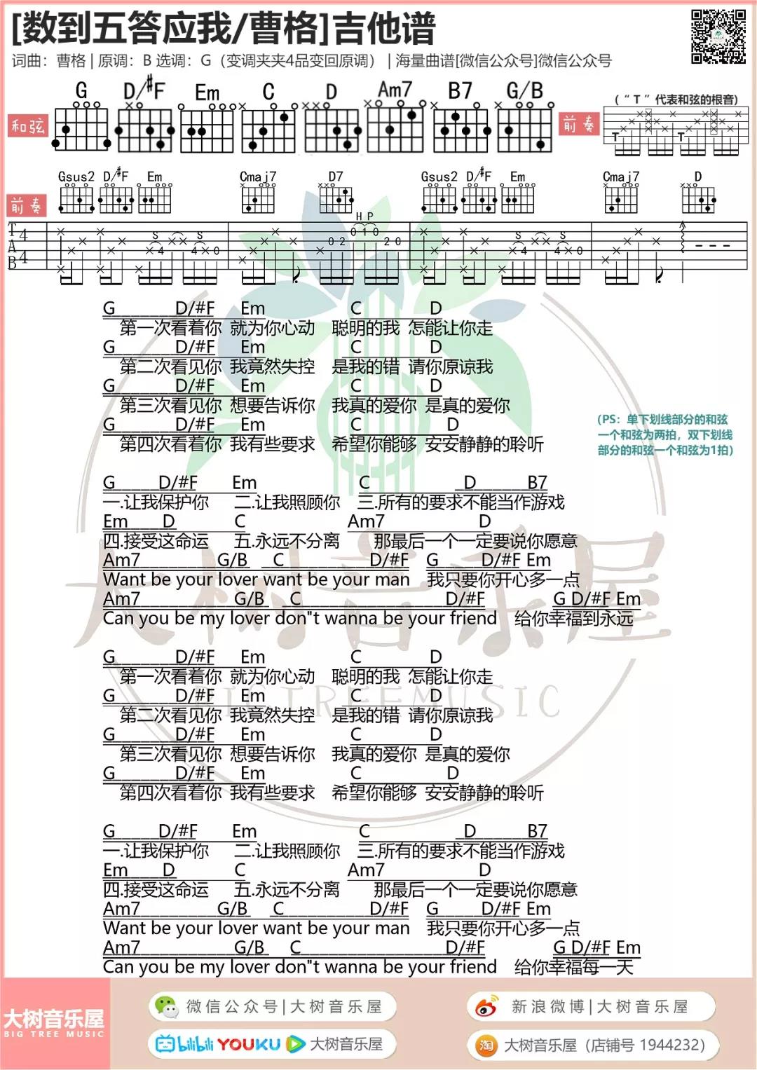 数到五答应我吉他谱,原版曹格歌曲,简单G调弹唱教学,大树音乐屋版六线指弹简谱图