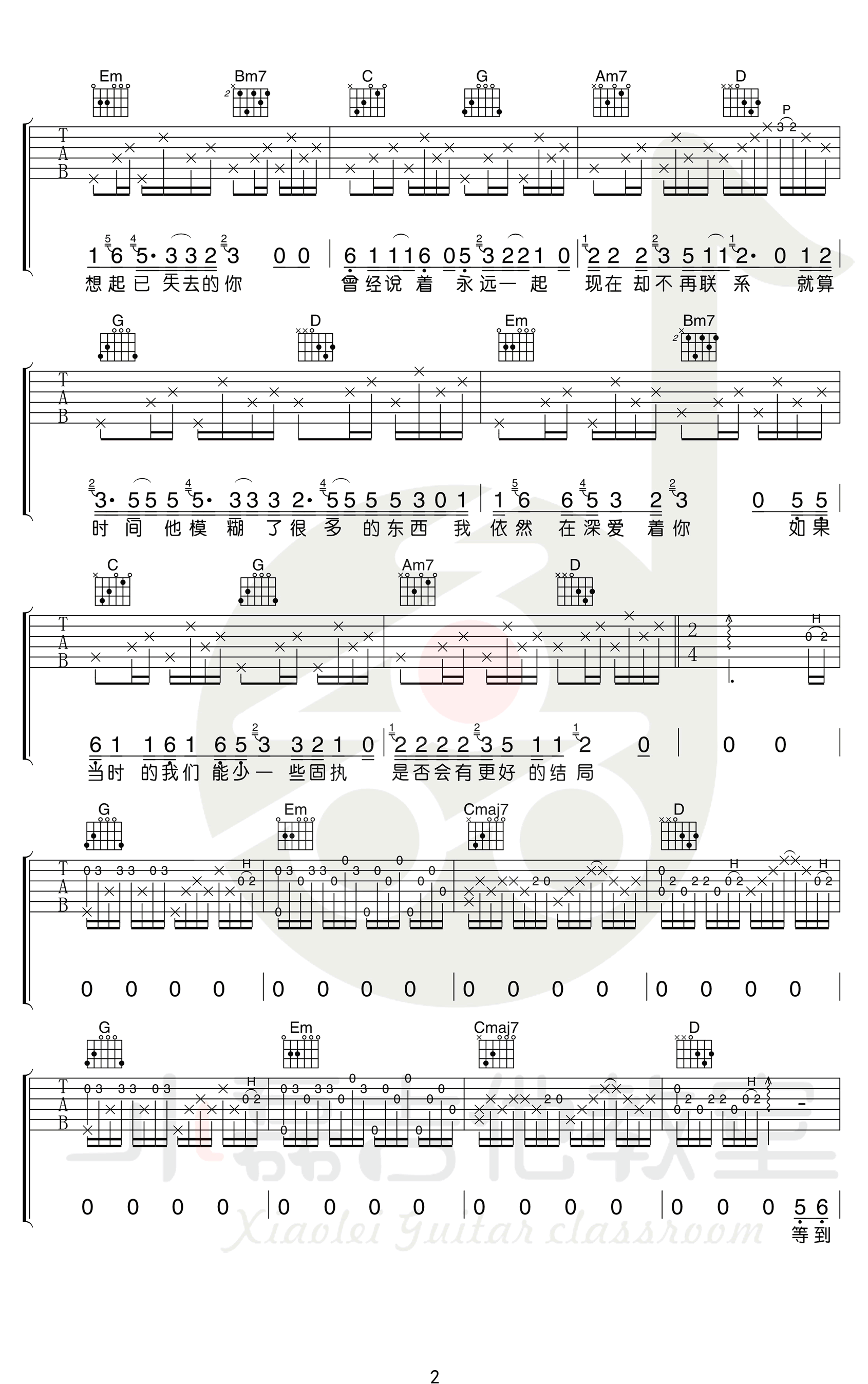 凌晨三点吉他谱,陈硕子歌曲,G调简单指弹教学简谱,小磊吉他六线谱图片