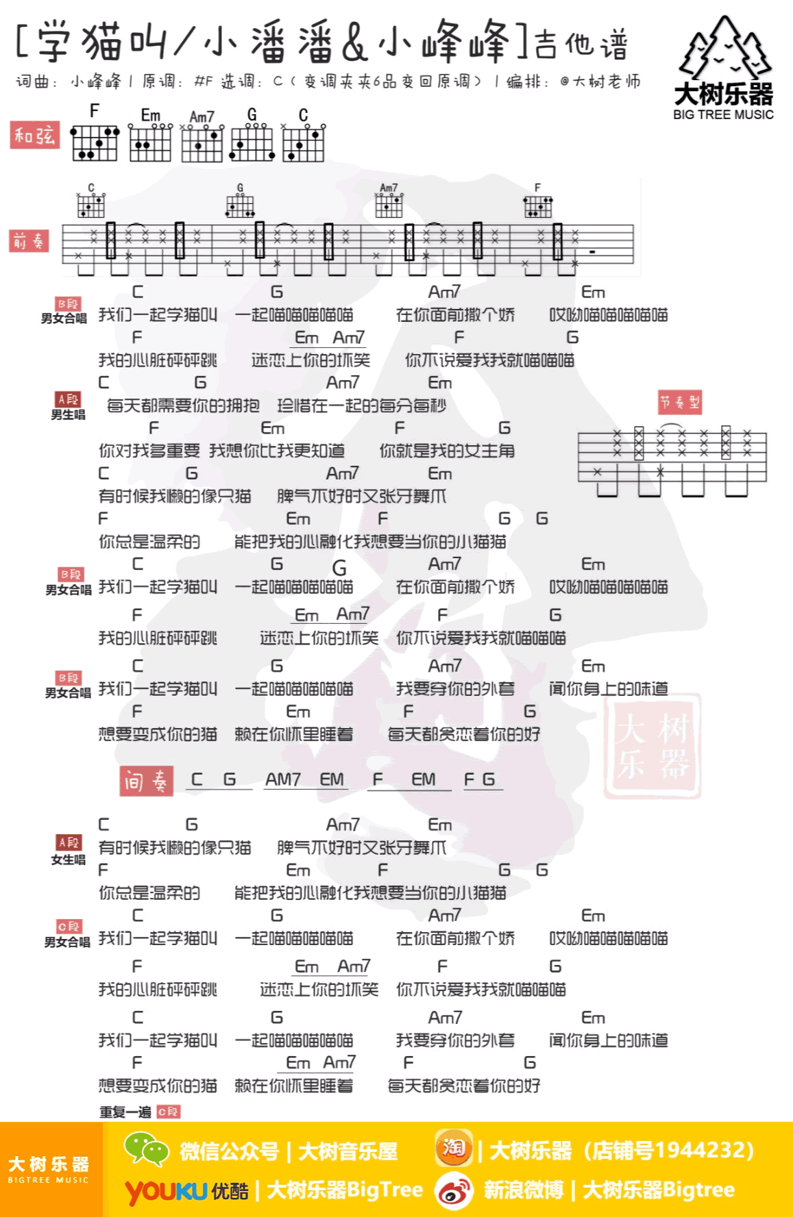 学猫叫吉他谱,小峰峰歌曲,C调简单指弹教学简谱,大树乐器六线谱图片