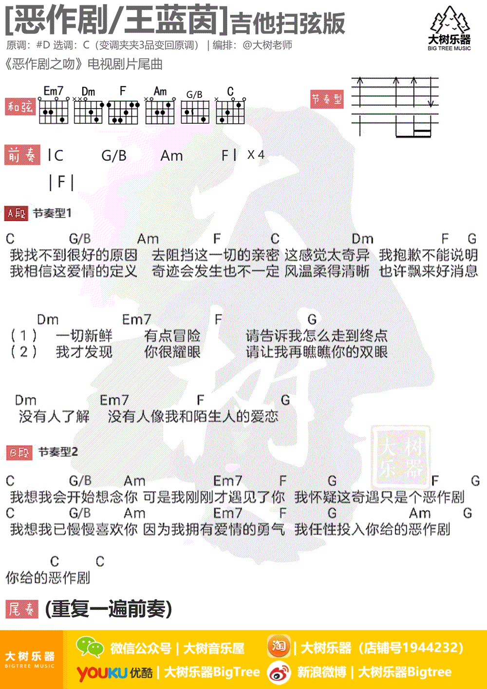 恶作剧吉他谱,王蓝茵歌曲,C调简单指弹教学简谱,大树乐器六线谱图片