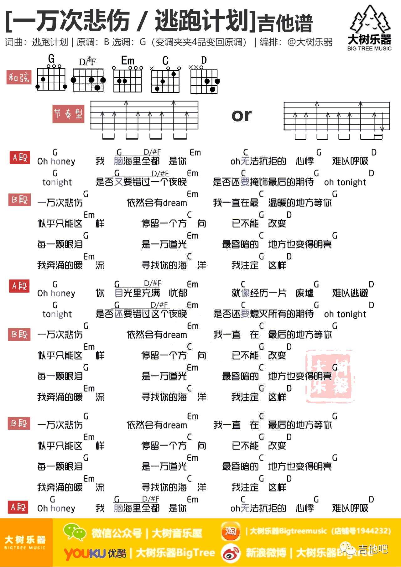 一万次悲伤吉他谱,毛川逃跑计歌曲,调G简单指弹教学简谱,大树乐器六线谱图片