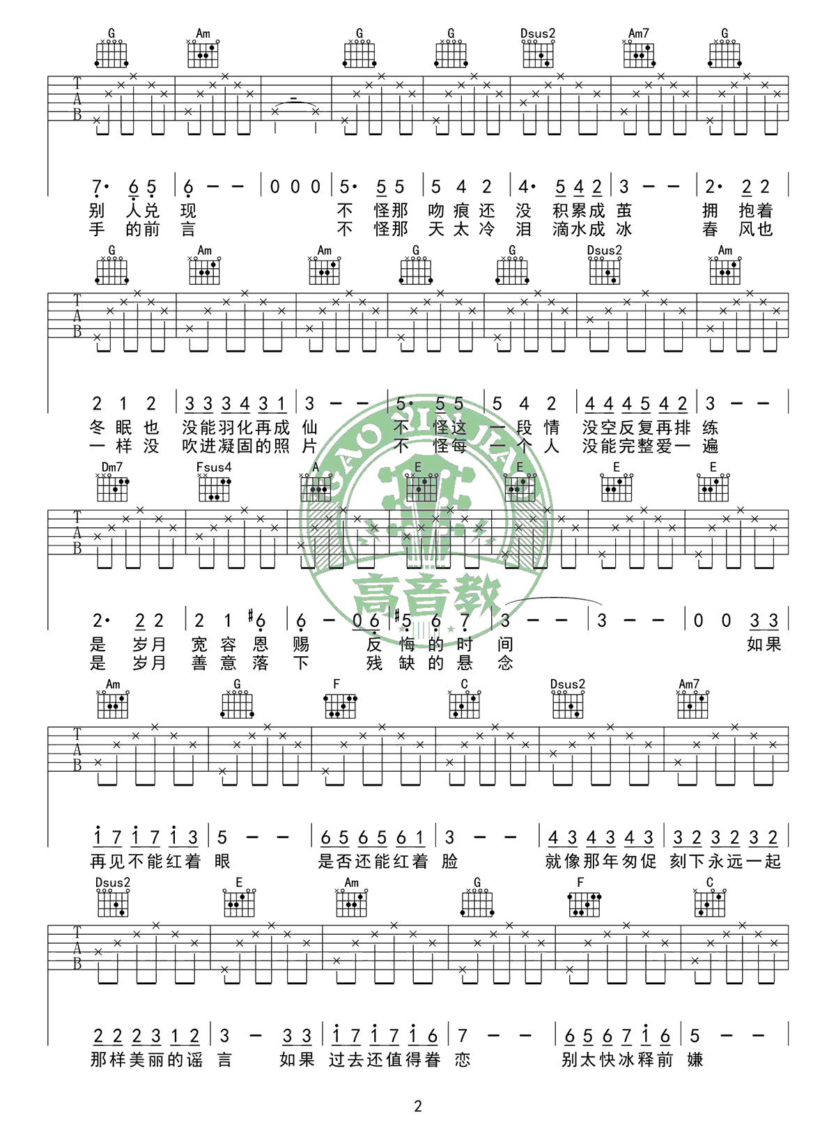 匆匆那年吉他谱,林夕梁翘柏歌曲,C调简单指弹教学简谱,高音教六线谱图片