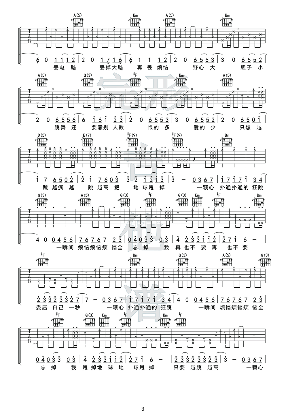 离开地球表面吉他谱,阿信歌曲,简单指弹教学简谱,完形吉他六线谱图片