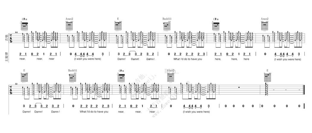 WishYouW,Avril歌曲,简单指弹教学简谱,大伟吉他六线谱图片