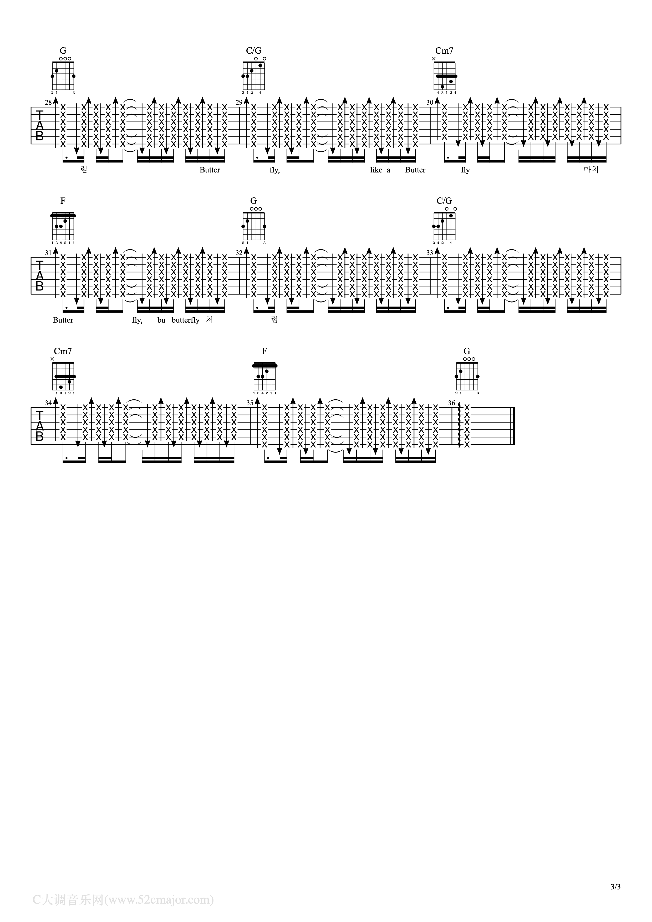 Butterfly吉他谱,简单C调原版指弹曲谱,防弹少年团高清六线乐谱