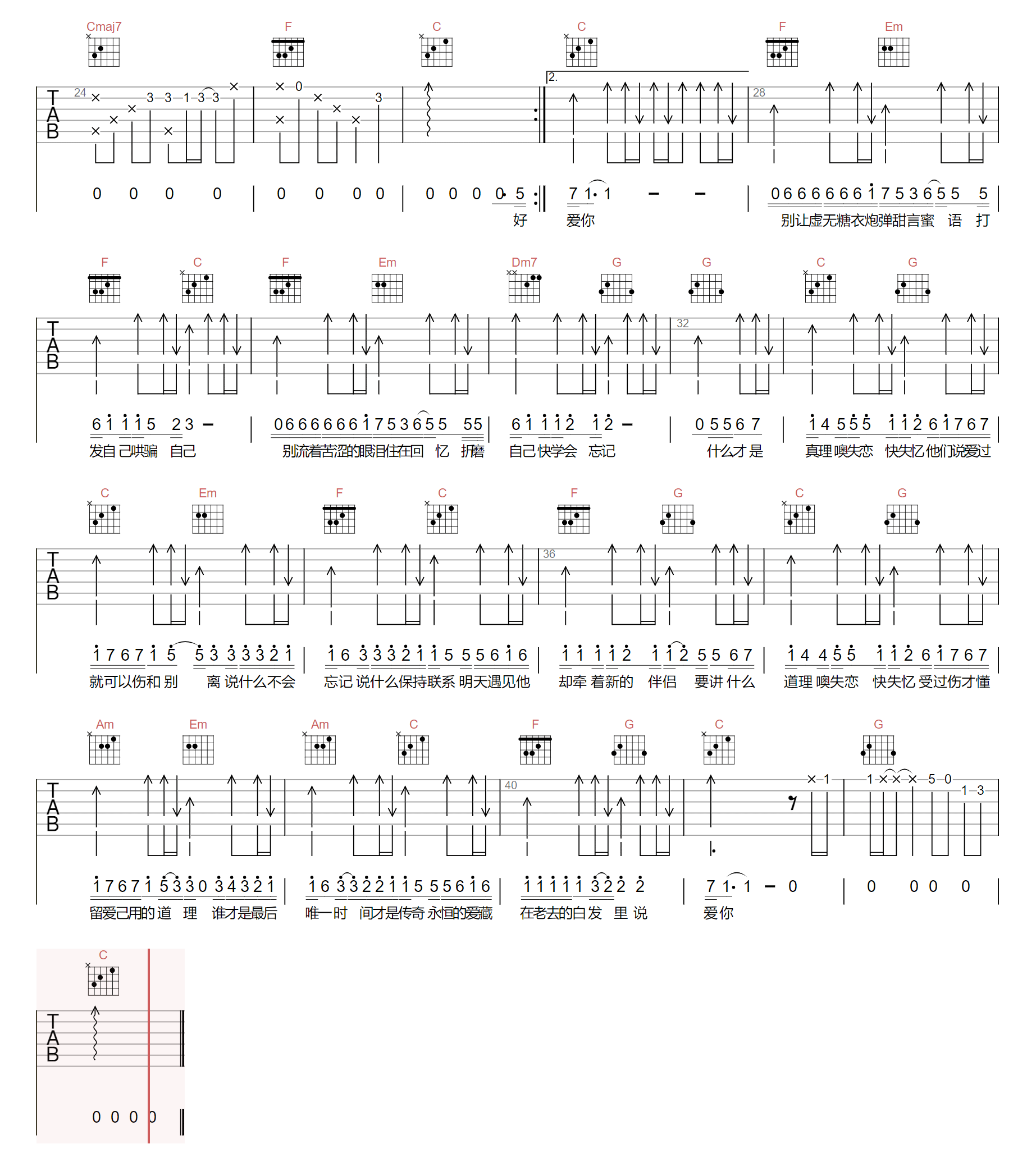 失忆吉他谱,简单C调原版指弹曲谱,刘崇健高清六线乐谱