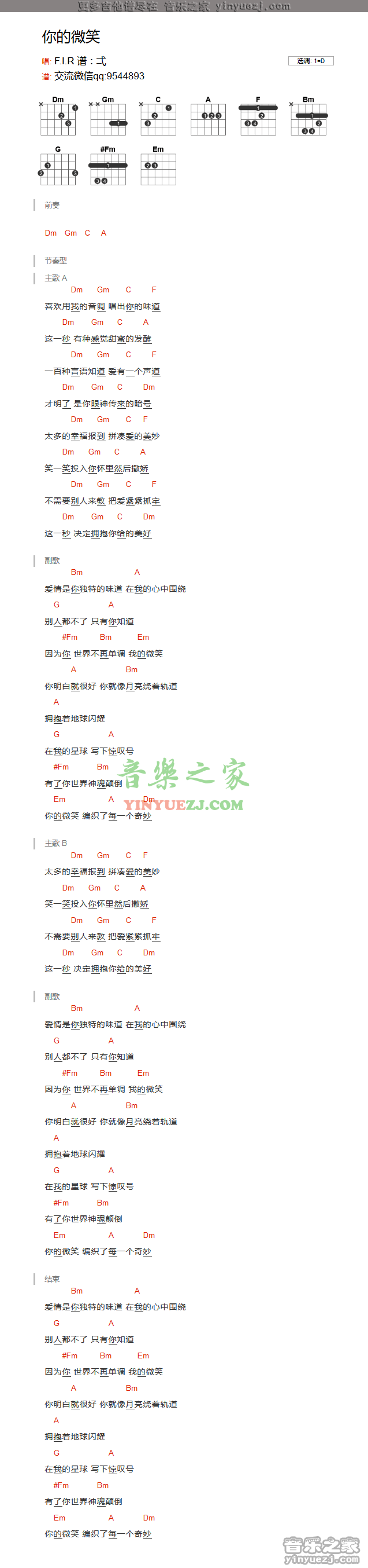 你的微笑吉他谱,简单D调原版指弹曲谱,飞儿乐团高清六线乐谱