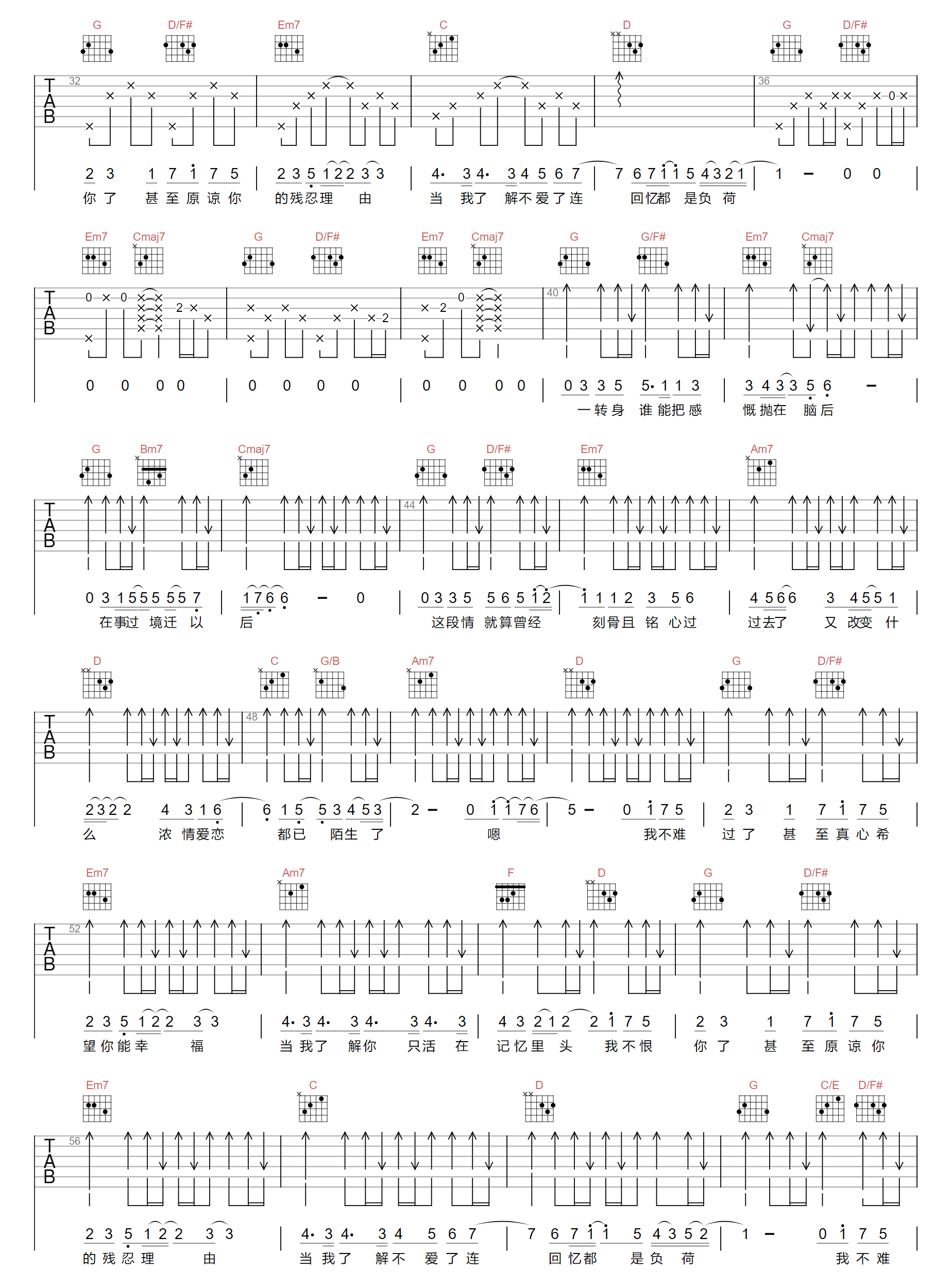 你好陌生人吉他谱,原版任然歌曲,简单G调指弹曲谱,高清六线乐谱