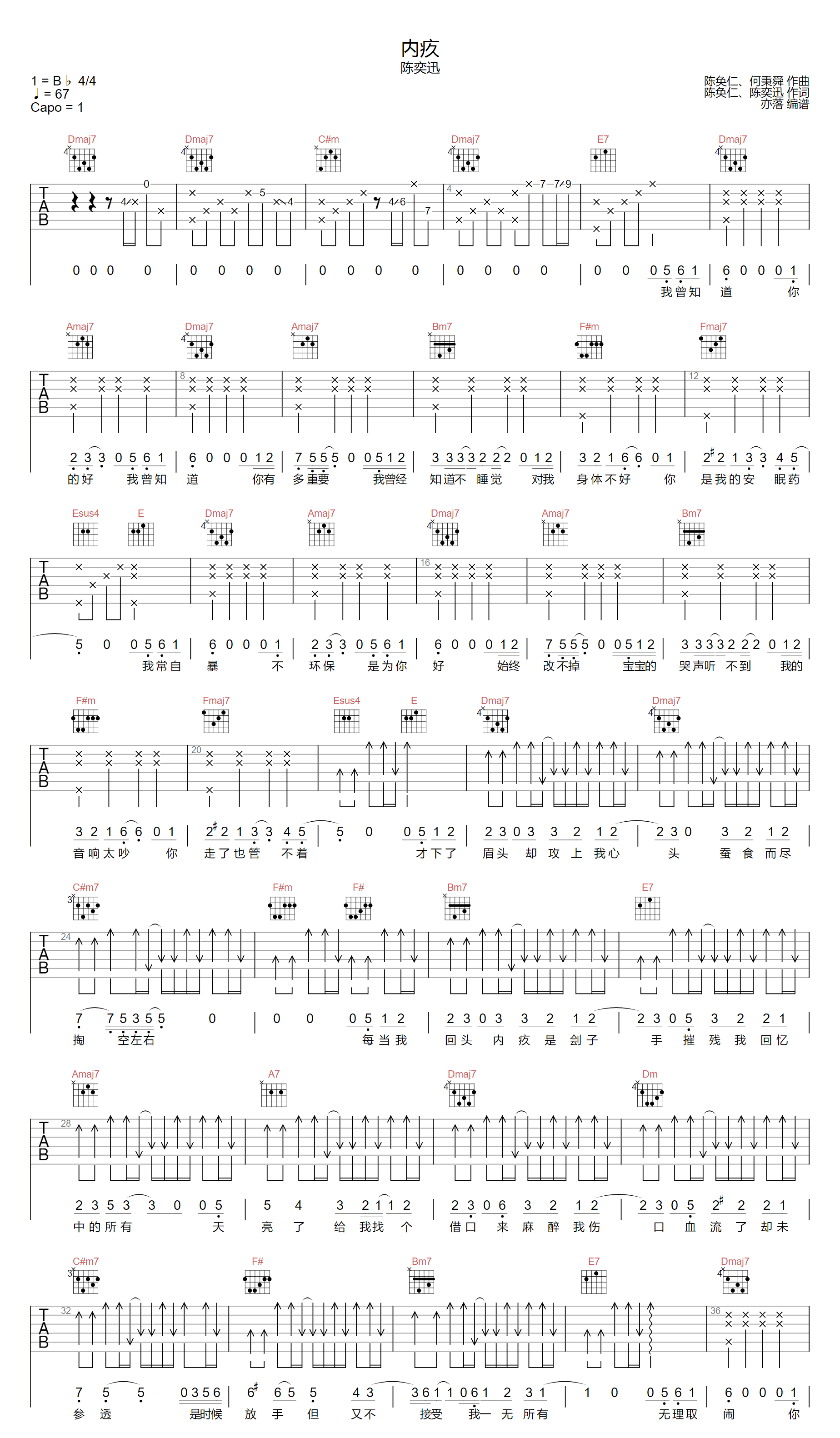 内疚吉他谱,简单A调原版弹唱曲谱,陈奕迅高清六线谱图片