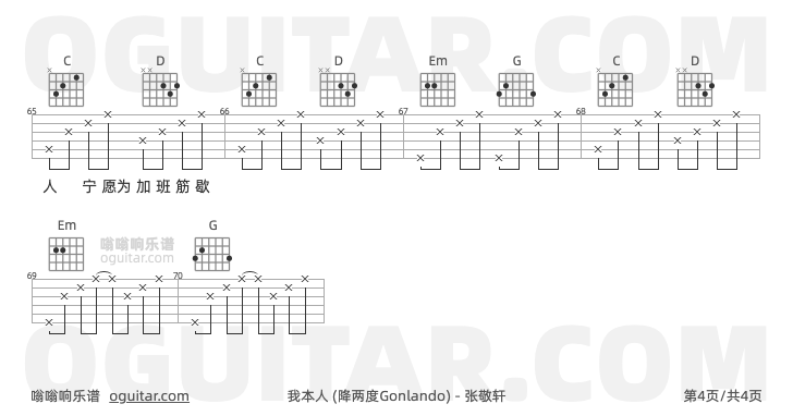 我本人吉他谱,张敬轩歌曲,G调指弹简谱,4张教学六线谱【降两度Gonlando版】