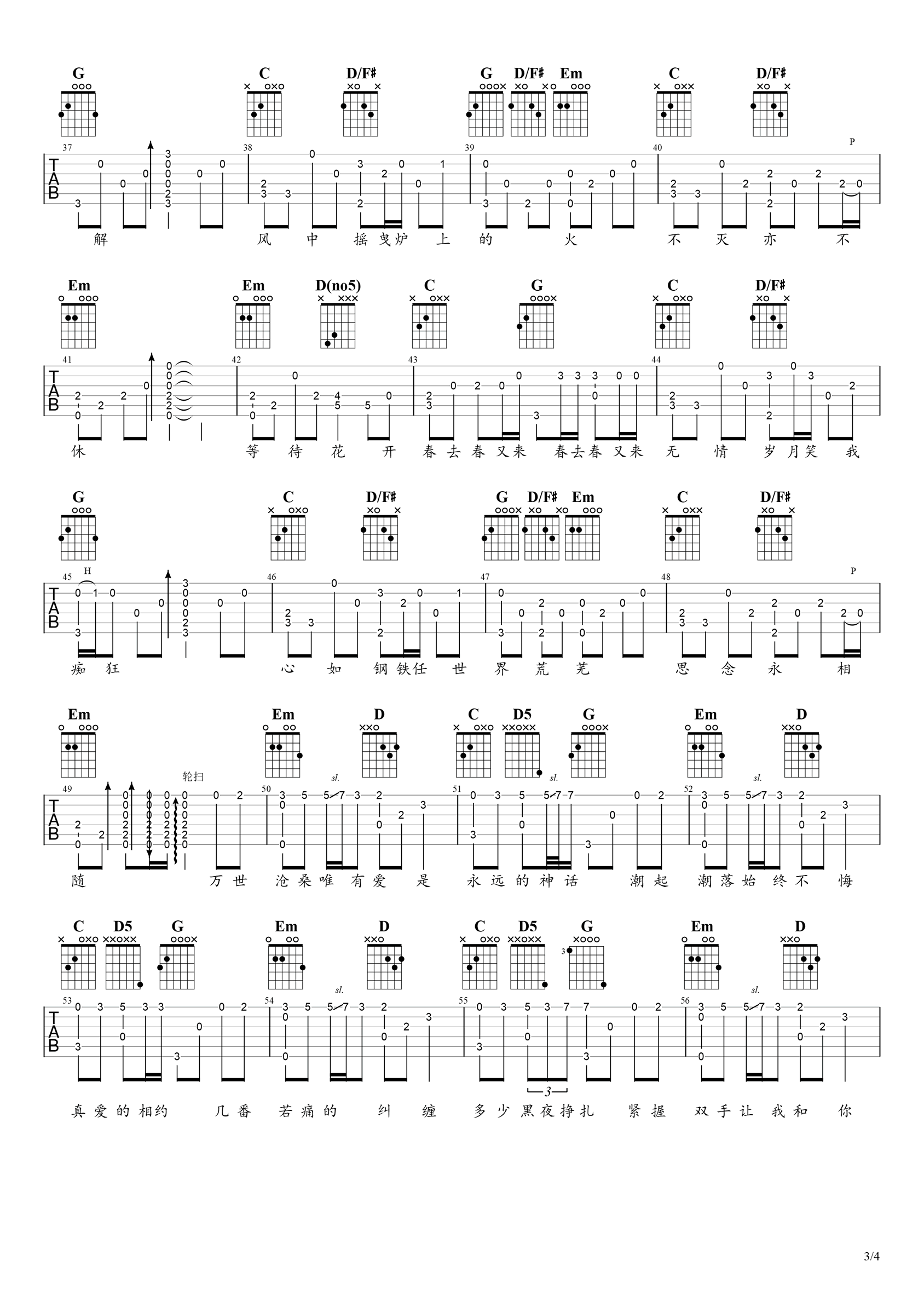 美丽的神话吉他谱,原版孙楠歌曲,简单指弹曲谱,高清六线乐谱教学