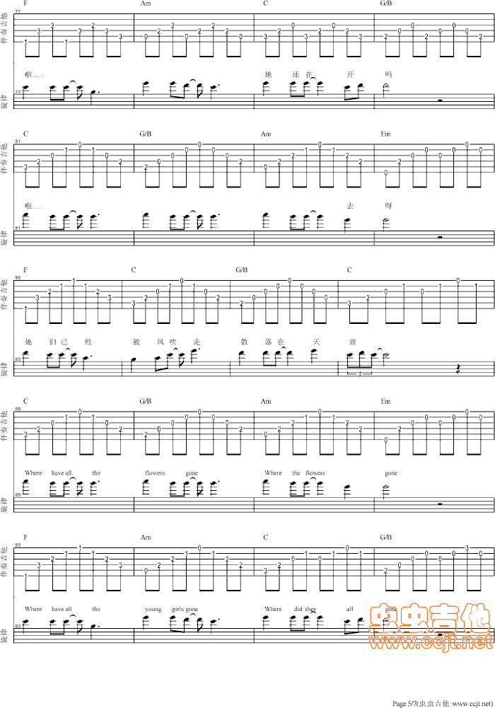 那些花儿吉他谱,简单C调原版指弹曲谱,朴树高清民谣修正版六线乐谱