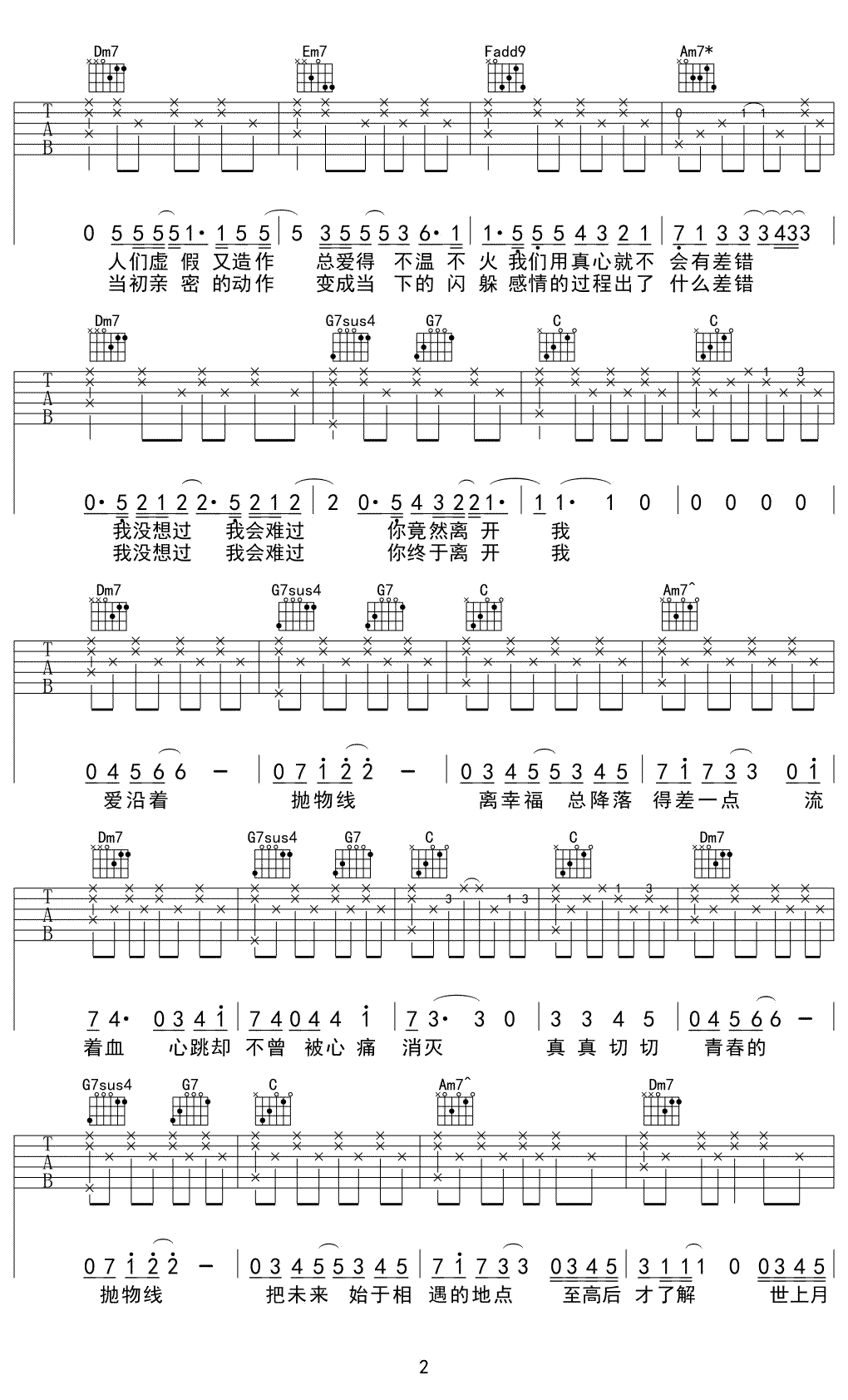 抛物线吉他谱,原版蔡健雅歌曲,简单E调指弹曲谱,高清六线乐谱教学