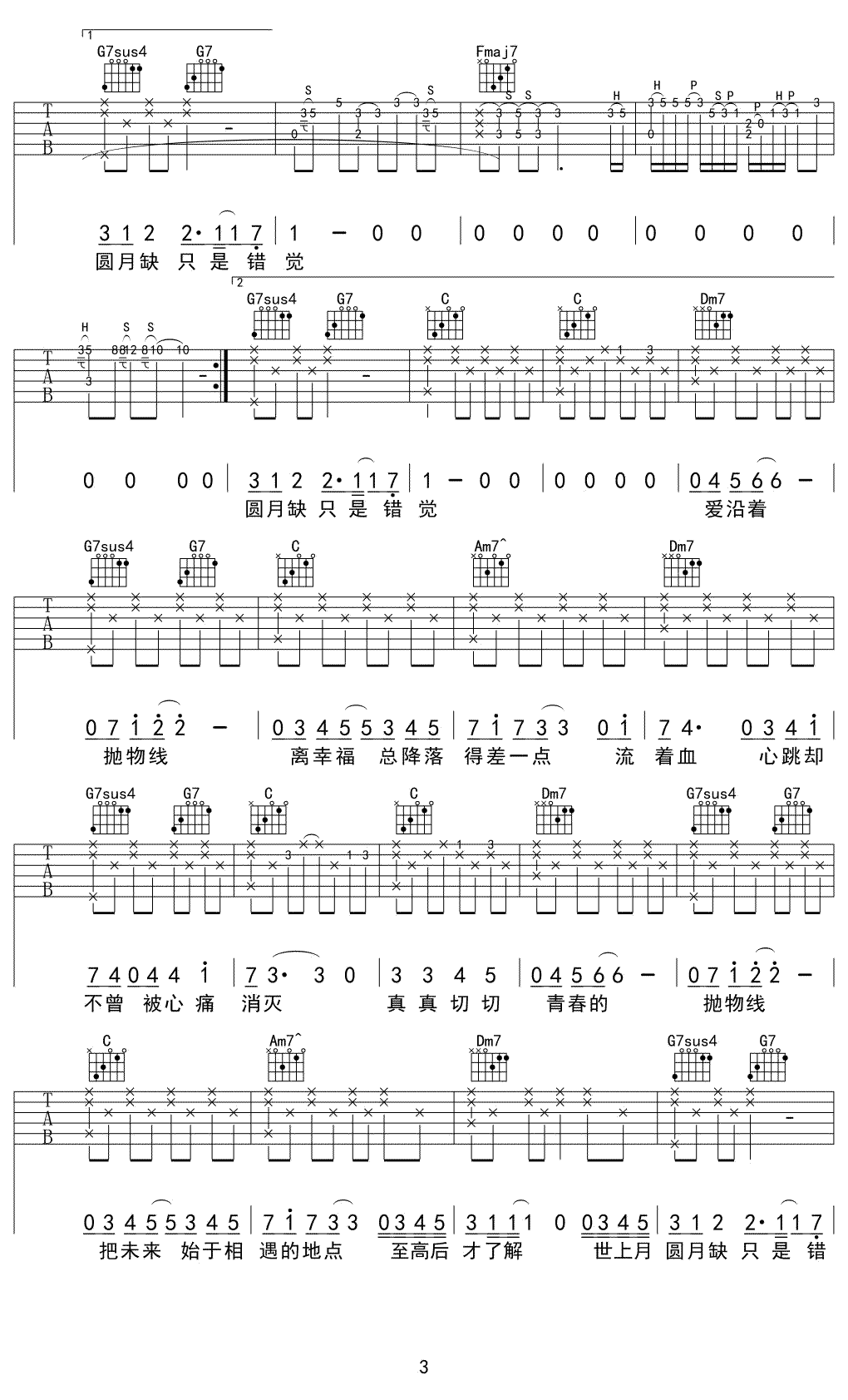 抛物线吉他谱,原版蔡健雅歌曲,简单E调指弹曲谱,高清六线乐谱教学