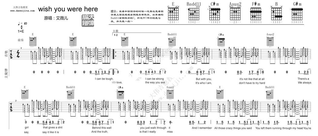 Wish You Were Here吉他谱,原版艾薇儿歌曲,简单E调指弹曲谱,高清六线乐谱教学