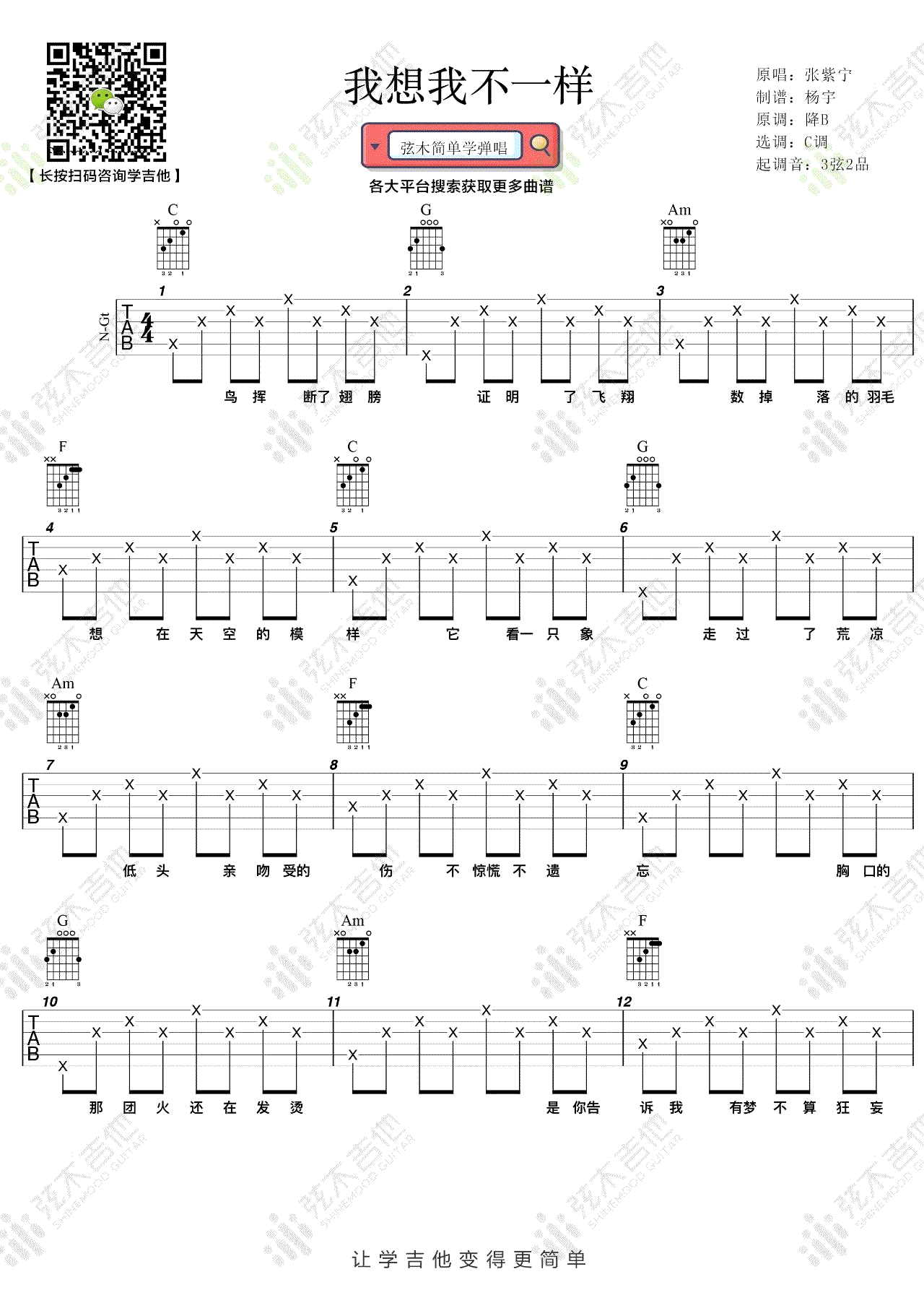 我想我不一样吉他谱,原版张紫宁歌曲,简单C调指弹曲谱,高清六线乐谱