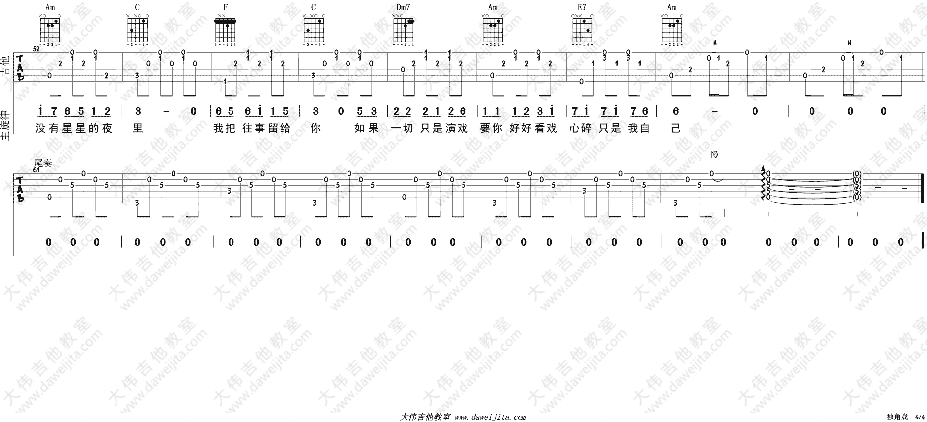 许茹芸独角戏指弹吉他谱,简单原版弹唱曲谱,许茹芸高清六线谱教程