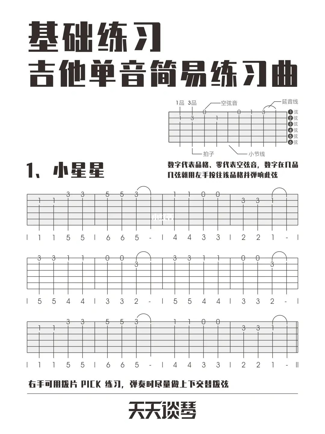 小星星吉他谱,简单原版指弹曲谱,儿歌高清六线谱简谱