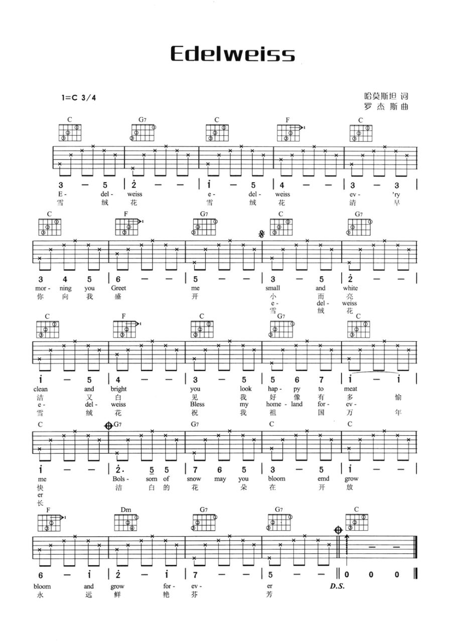 Edelweiss吉他谱,简单版歌曲,C调指弹简谱,新手弹唱六线谱