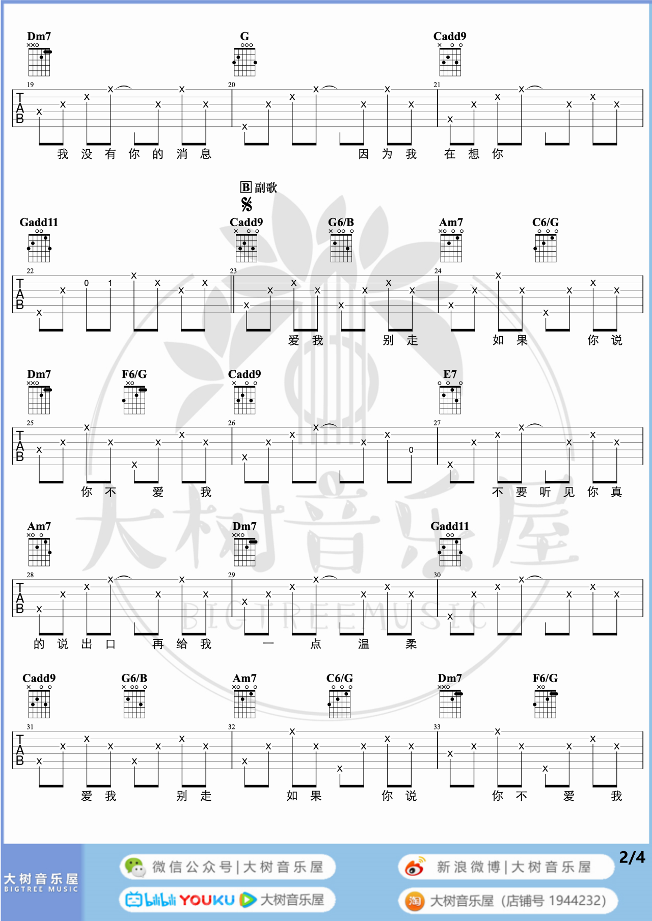 爱我别走吉他谱,张震岳歌曲,简单指弹教学简谱,C调原调版吉他谱带间奏版 