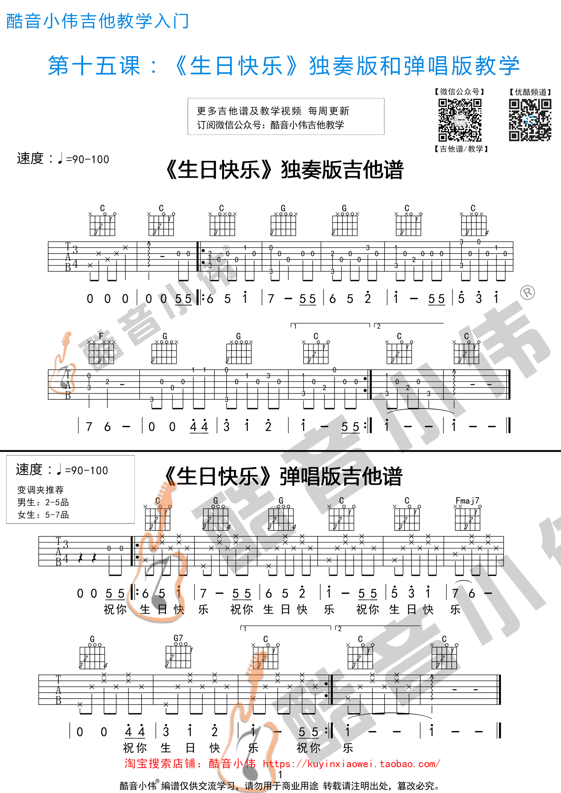 生日快乐歌吉他谱,歌曲,简单指弹教学简谱,指弹独奏吉他谱 