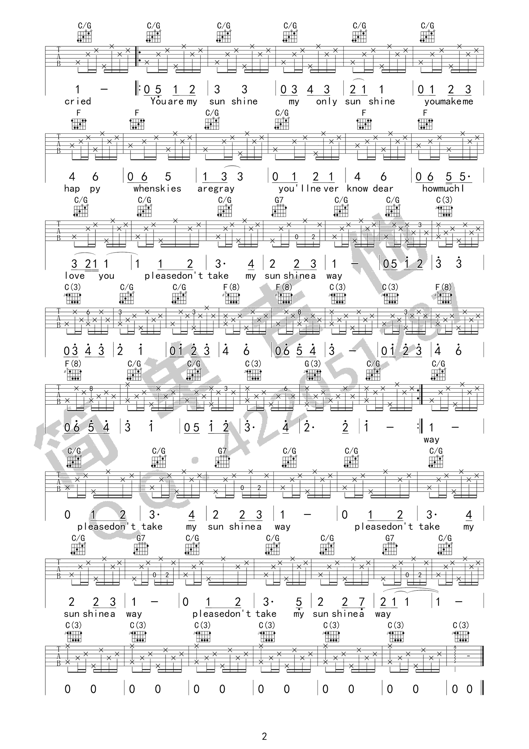 You Are My Sunshine吉他谱,原版佚名歌曲,简单C调指弹曲谱,高清六线乐谱