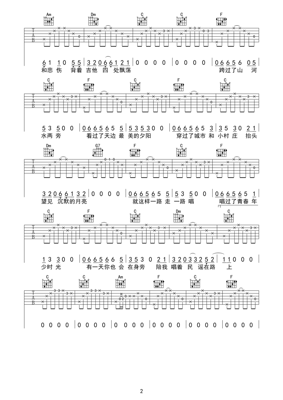 民谣在路上吉他谱,前冲歌曲,E调指弹简谱,新手弹唱高清版
