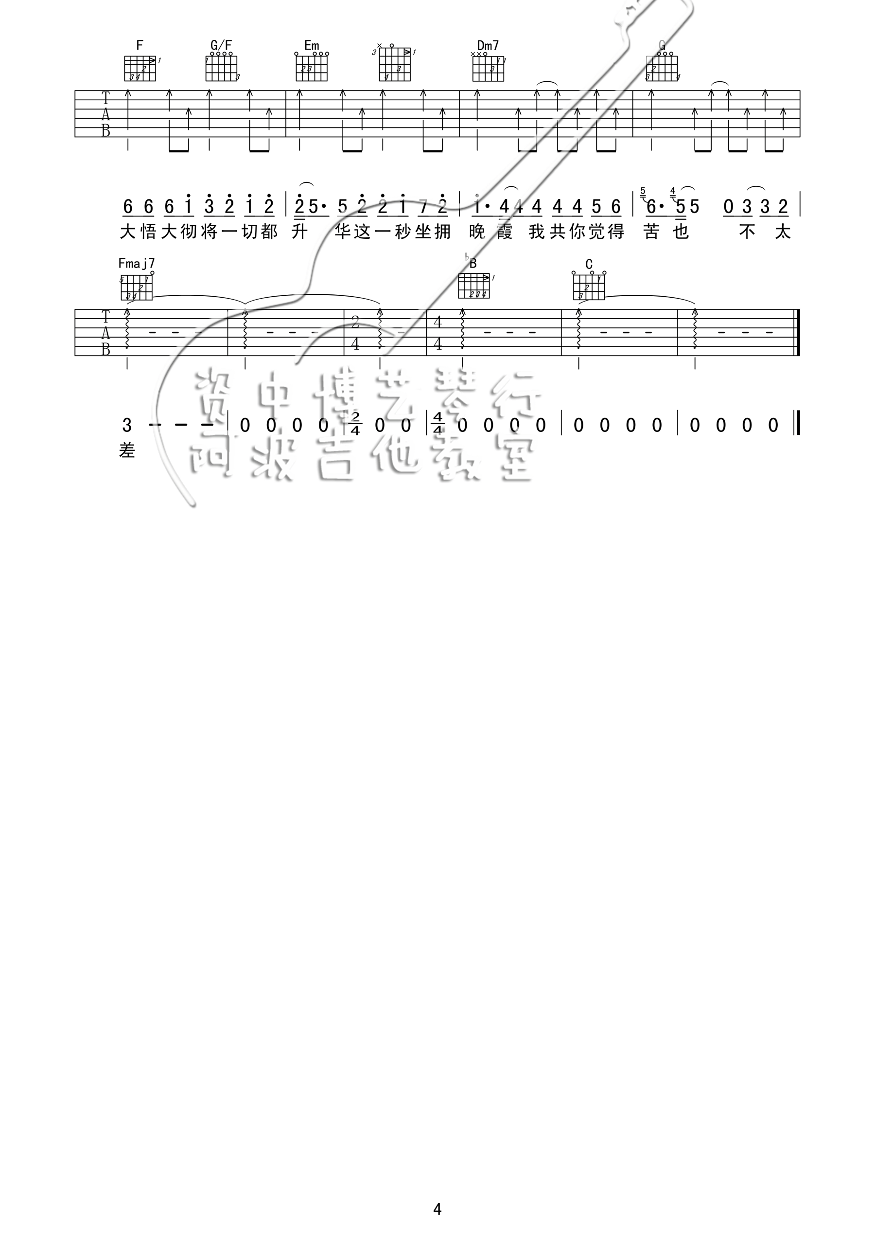 苦瓜吉他谱,原版陈奕迅歌曲,简单C调指弹曲谱,高清六线乐谱