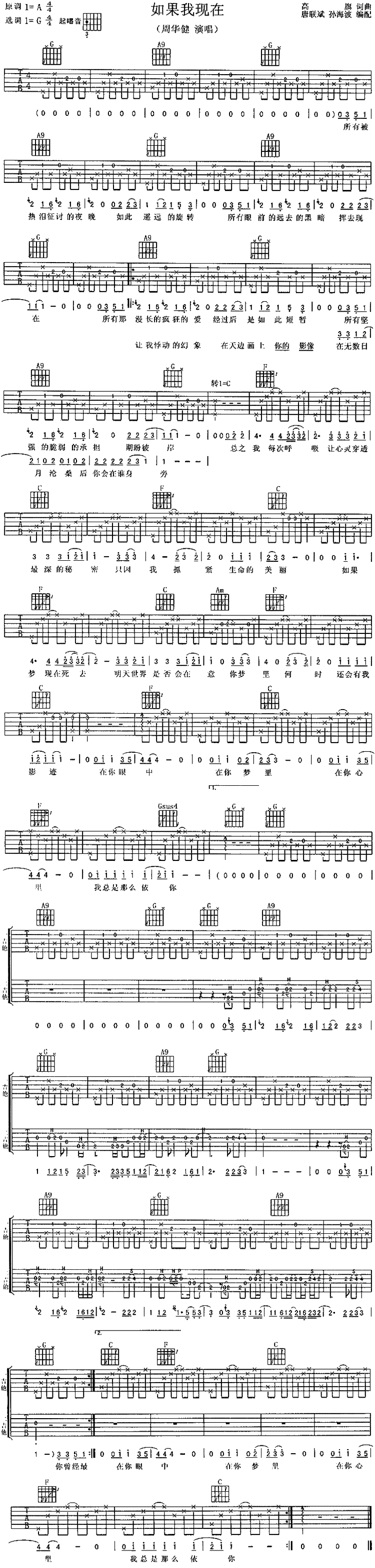 如果我现在吉他谱,简单C调原版指弹曲谱,周华健高清流行弹唱六线乐谱