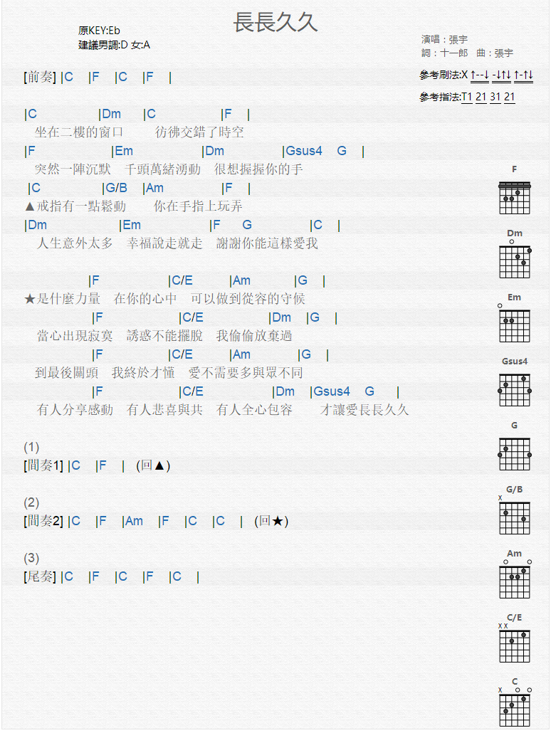 长长久久吉他谱,简单C调宇高清流行弹唱六线乐谱