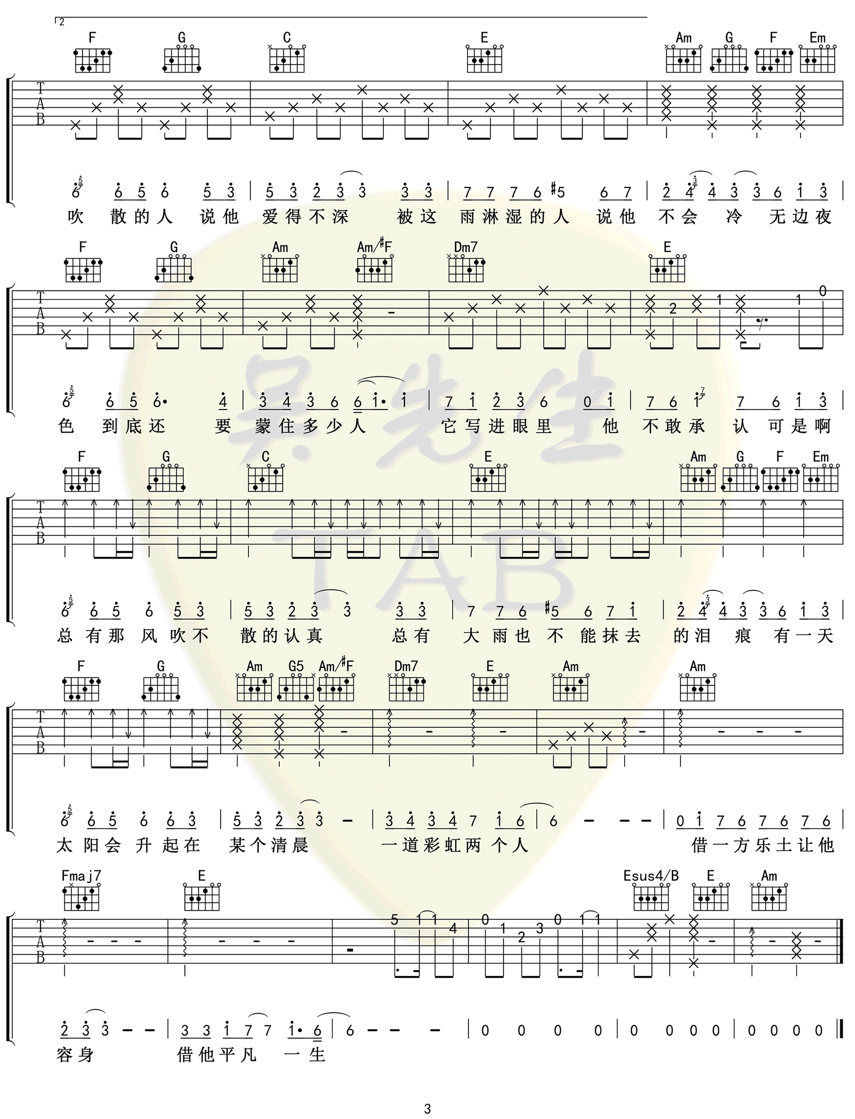 借吉他谱,原版毛不易歌曲,简单C调指弹曲谱,高清六线乐谱