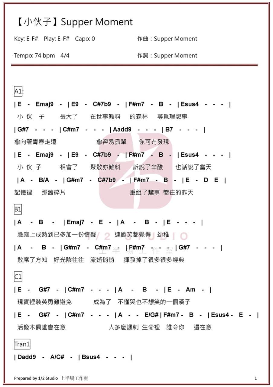 小伙子吉他谱,Supper Moment歌曲,E调指弹简谱,新手弹唱和弦谱