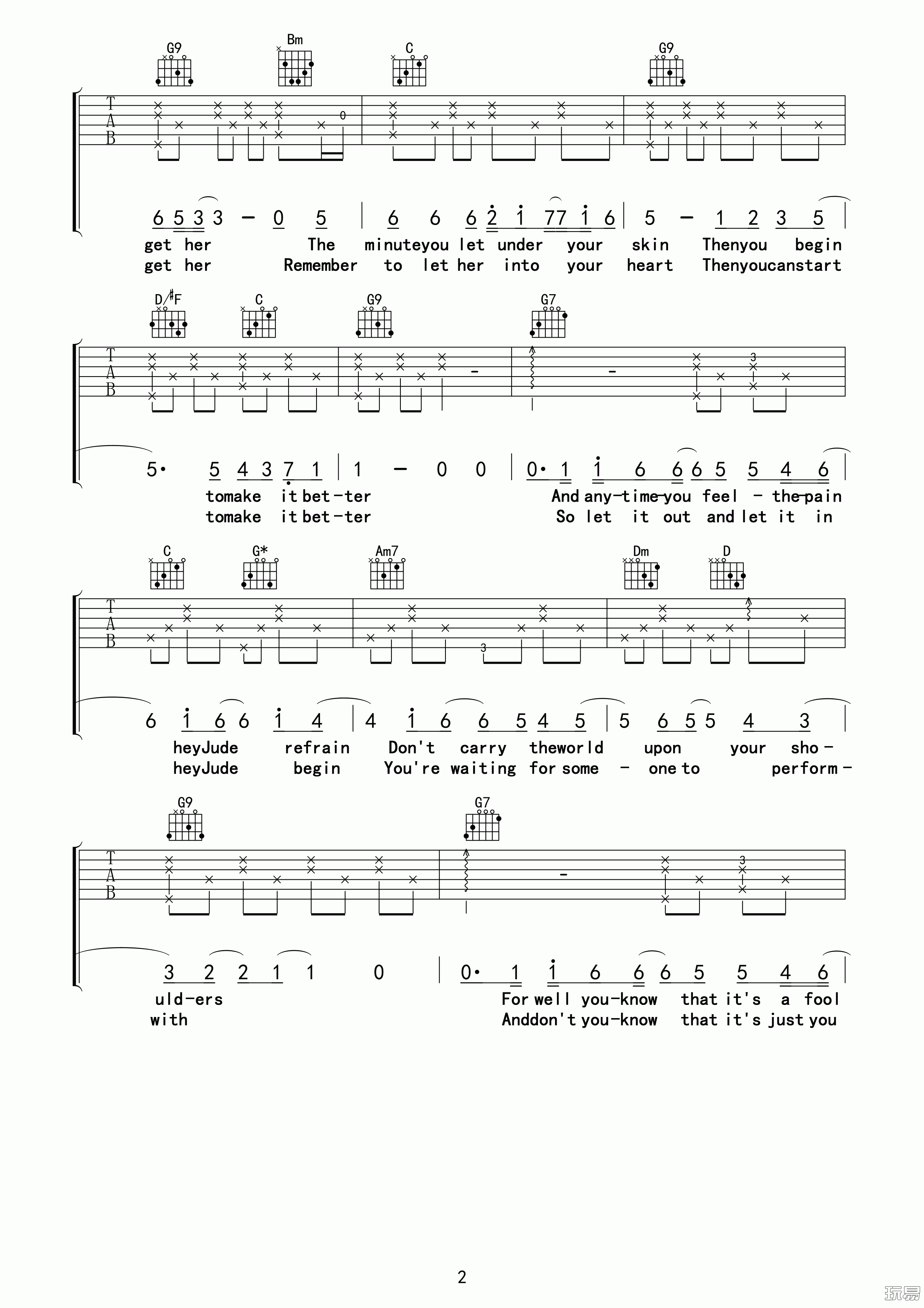 Hey Jude吉他谱,孙燕姿歌曲,简单指弹教学简谱,G调编配吉他六线谱 