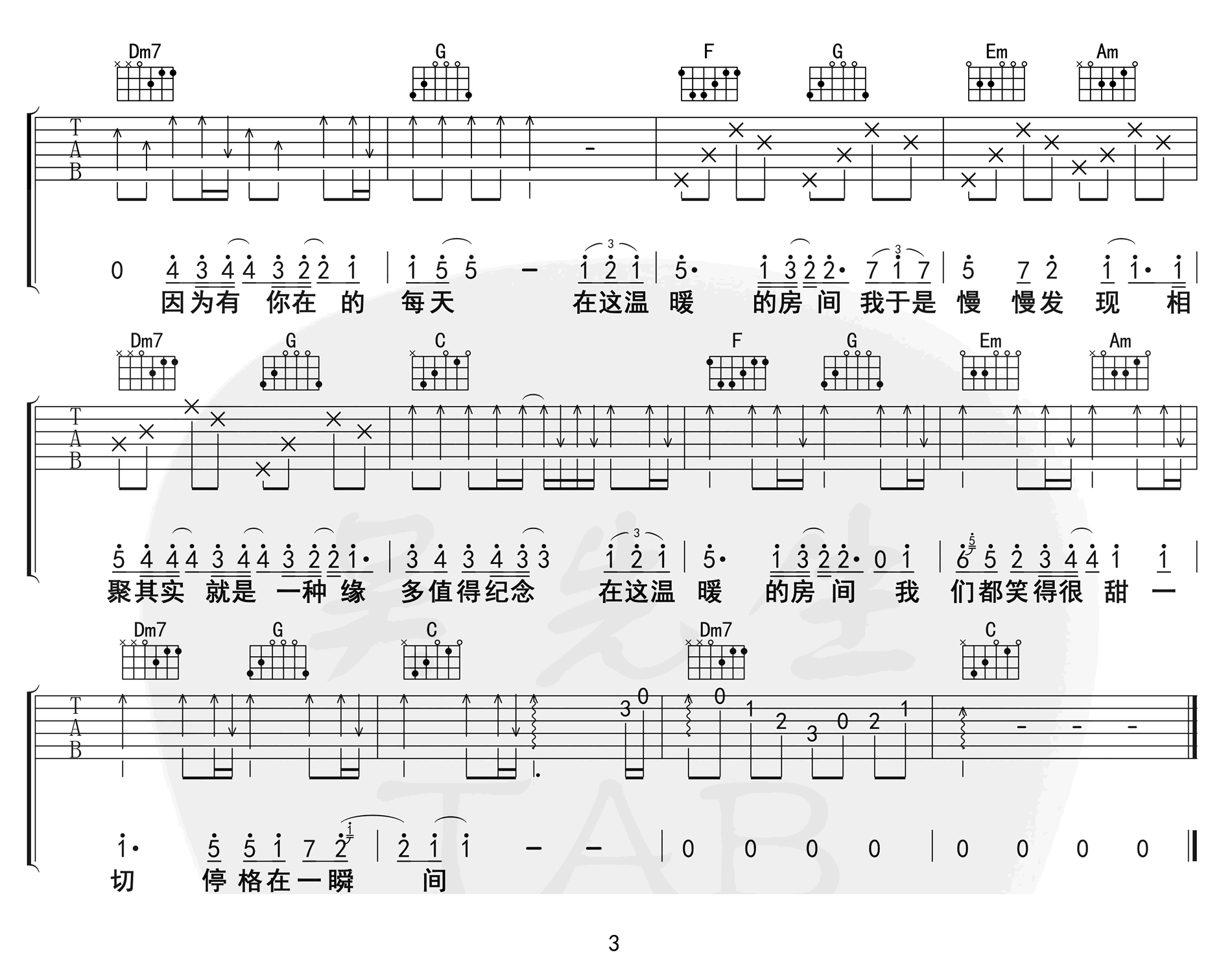 房间吉他谱,原版刘瑞琦歌曲,简单C调指弹曲谱,高清六线乐谱