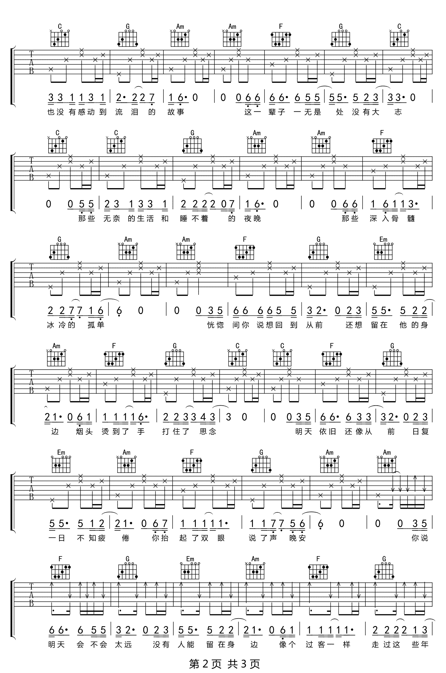 你说吉他谱,原版枯木逢春歌曲,简单C调指弹曲谱,高清六线乐谱