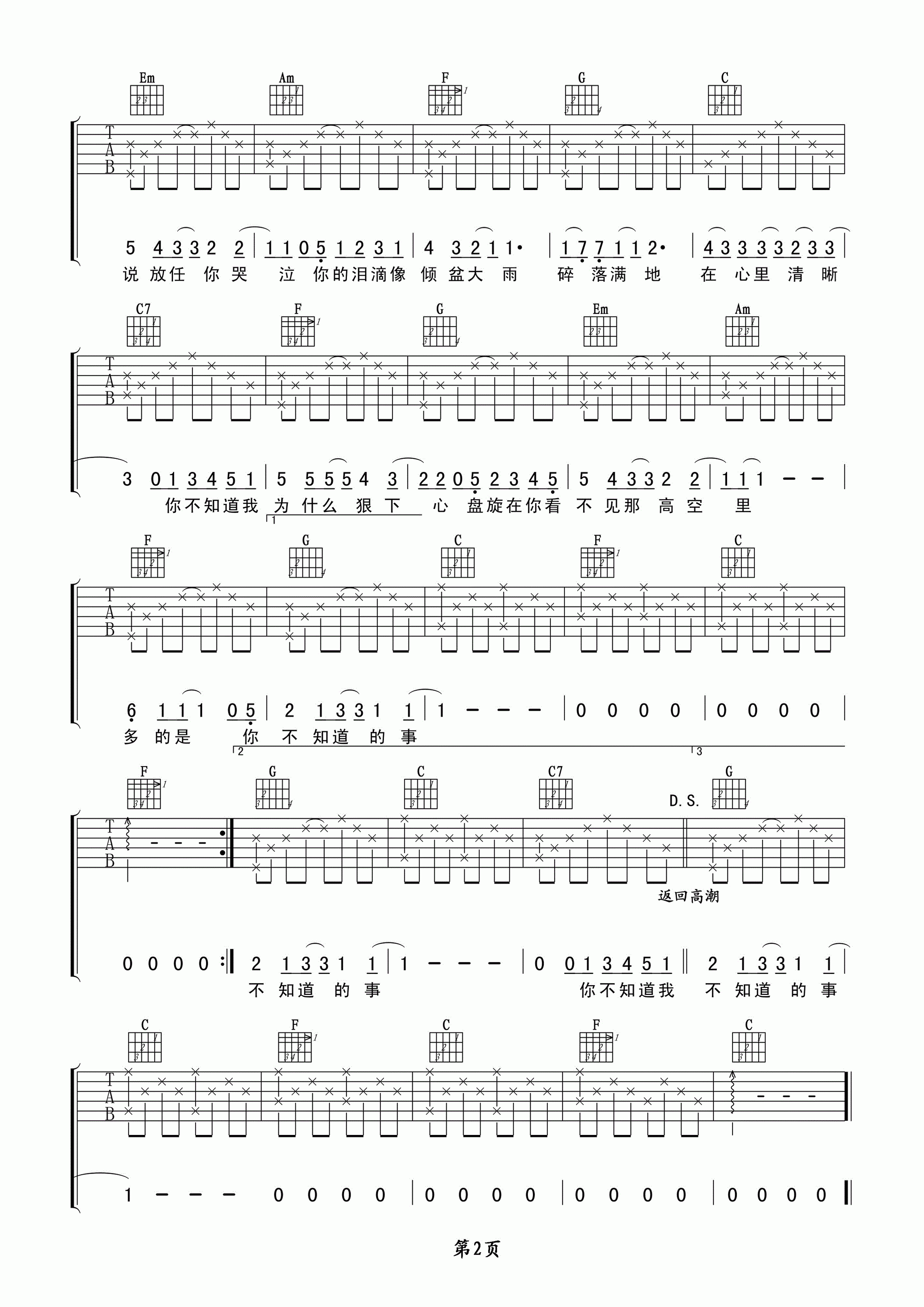 你不知道的事吉他谱,王力宏歌曲,简单指弹教学简谱,C调精编弹唱版吉他谱 