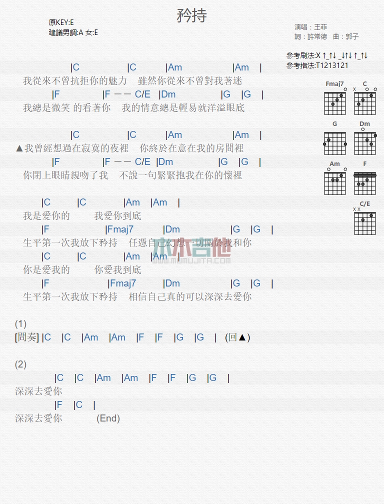 矜持吉他谱,简单C调原版指弹曲谱,王菲高清流行弹唱六线乐谱