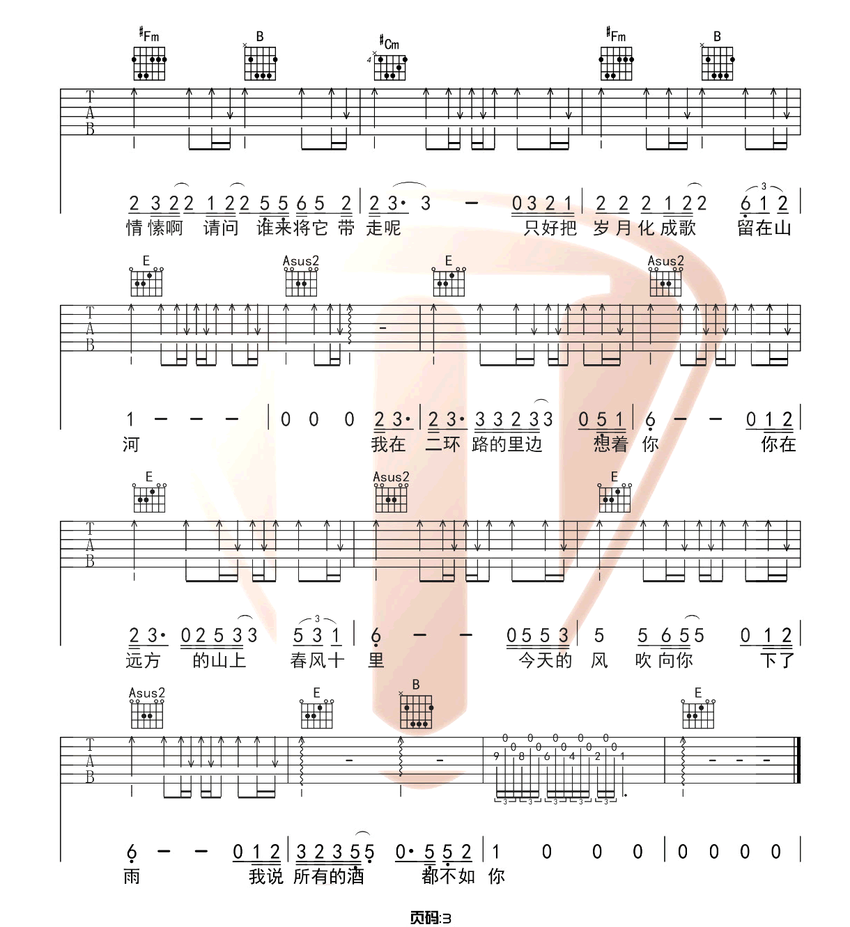 春风十里吉他谱,原版鹿先森乐队歌曲,简单E调指弹曲谱,高清六线乐谱