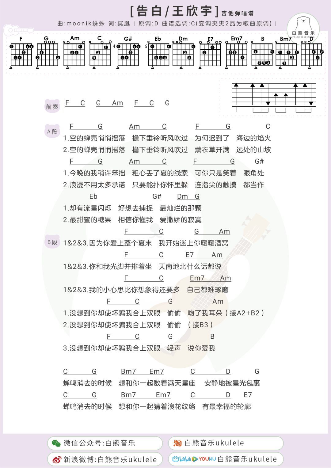 告白吉他谱,原版沈以诚歌曲,简单C调指弹曲谱,高清六线乐谱