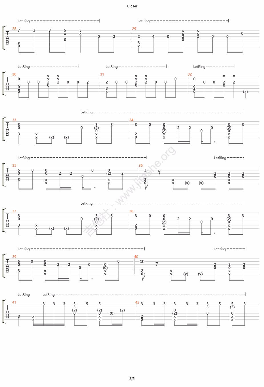 Closer吉他谱,原版烟鬼组合歌曲,简单指弹曲谱,高清六线乐谱