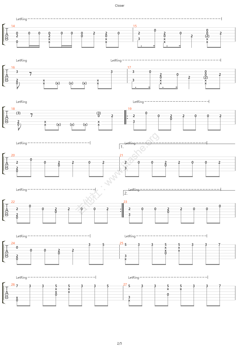 Closer吉他谱,原版烟鬼组合歌曲,简单指弹曲谱,高清六线乐谱
