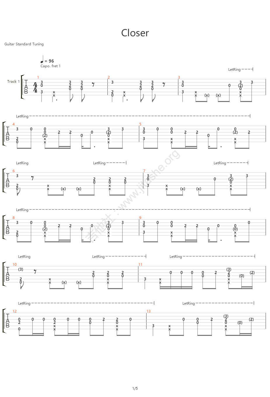 Closer吉他谱,原版烟鬼组合歌曲,简单指弹曲谱,高清六线乐谱