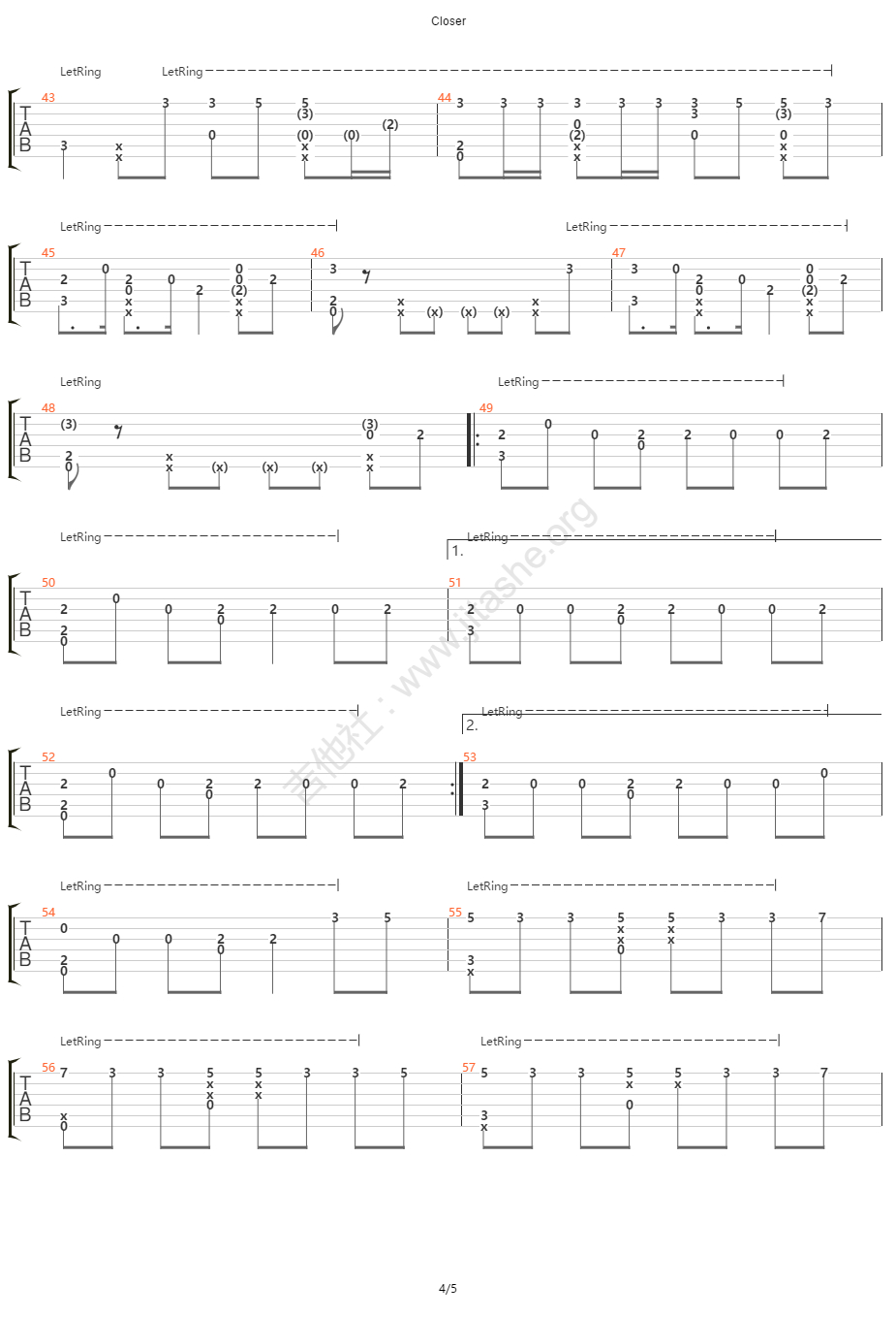 Closer吉他谱,原版烟鬼组合歌曲,简单指弹曲谱,高清六线乐谱